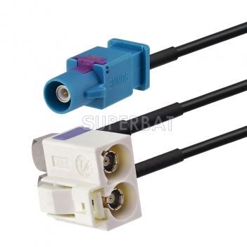 Fakra Cream Double Right Angle Jack to Fakra Water Blue 1 Straight Plug RG174 20cm